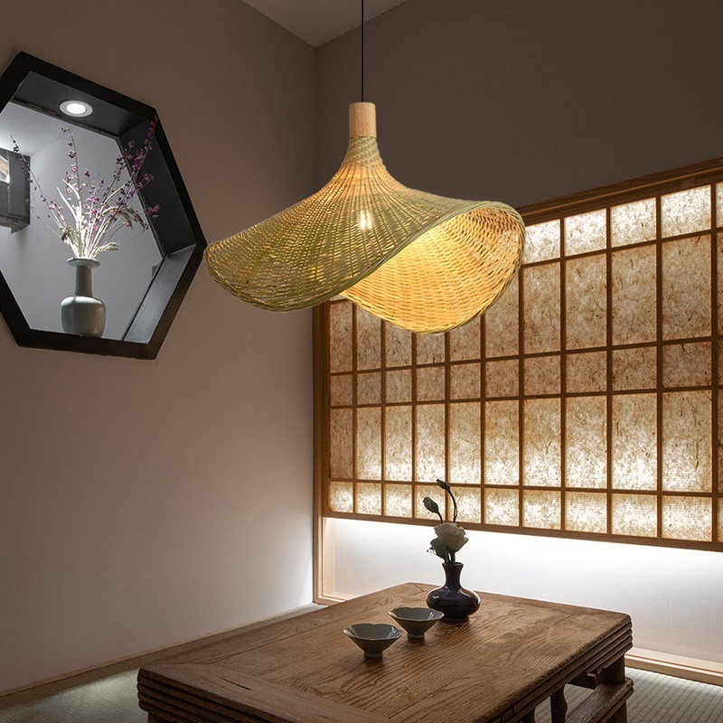 New Dropshipping Rattan LED Pendant Light for Dining Room Living Room Japanese Chandelier Straw Hat Chandelier Ceiling Light