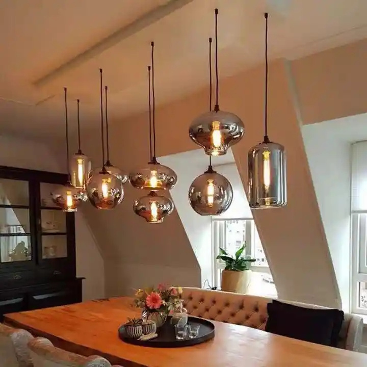 Nordic Creative LED Pendant Lamp For Kitchen Hanging Lamp Bedroom Grey Glass E27 Bulb Chandelier Ceiling Light