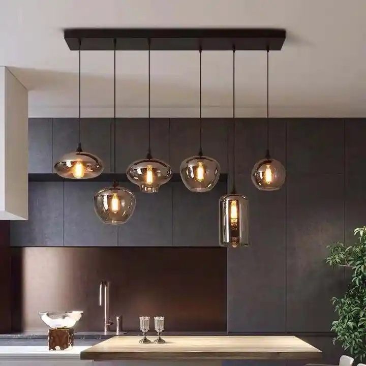 Nordic Creative LED Pendant Lamp For Kitchen Hanging Lamp Bedroom Grey Glass E27 Bulb Chandelier Ceiling Light