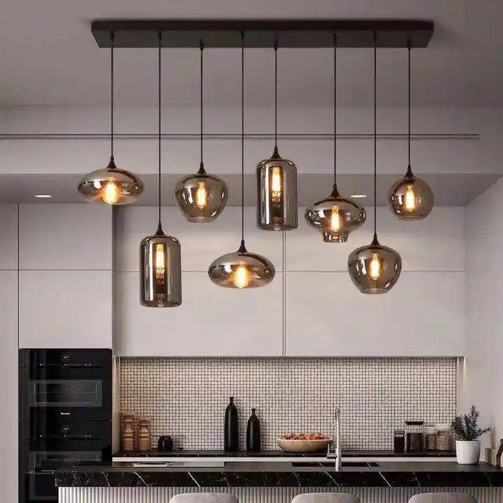 Nordic Creative LED Pendant Lamp For Kitchen Hanging Lamp Bedroom Grey Glass E27 Bulb Chandelier Ceiling Light