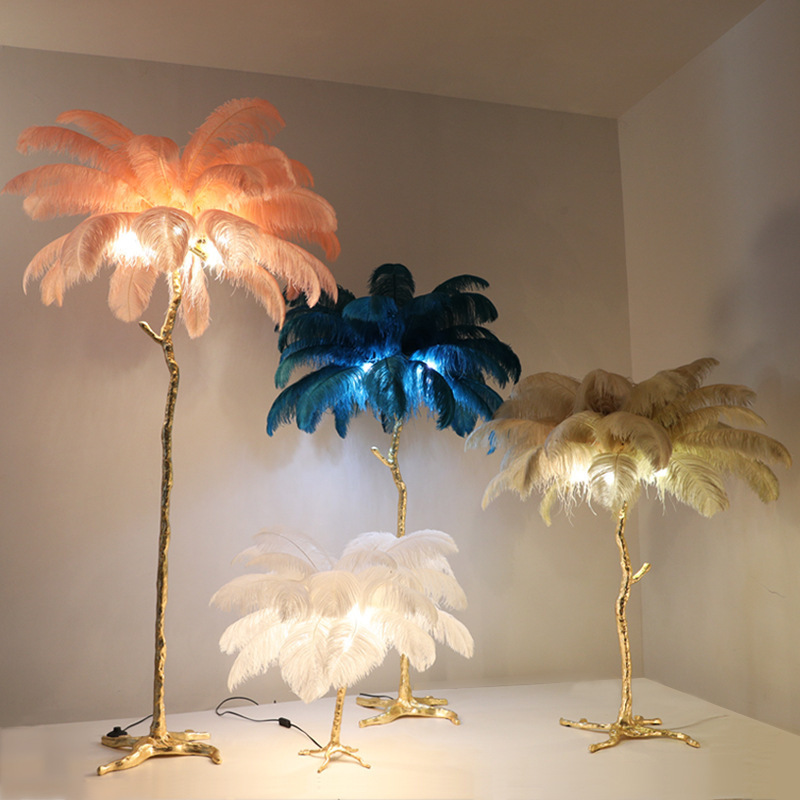 Luxury Home Living Room Decoration Ostrich Feather Tree LED Stand Lamp Indoor Resin Copper LED Floor Light