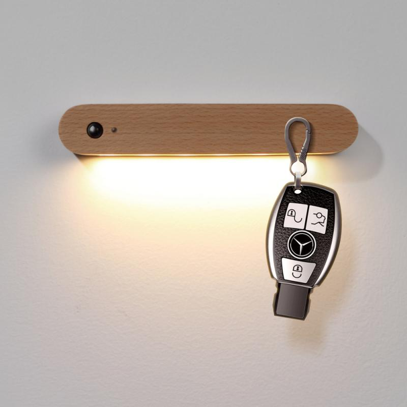 Wooden LED Sensor Night Light Wireless Magnetic Key Holder Hanging Wall Lamp USB Rechargeable Cabinet Wall Light