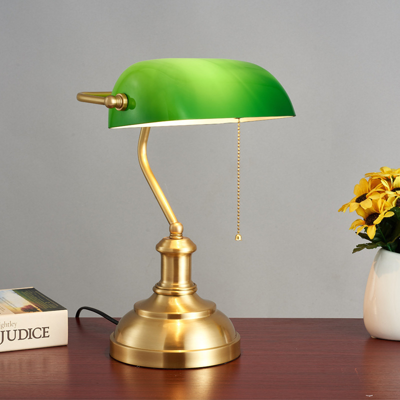 Vintage Table Lamp Office White Glass Shade Banker's Desk Lamp for Officer Study Reading Light