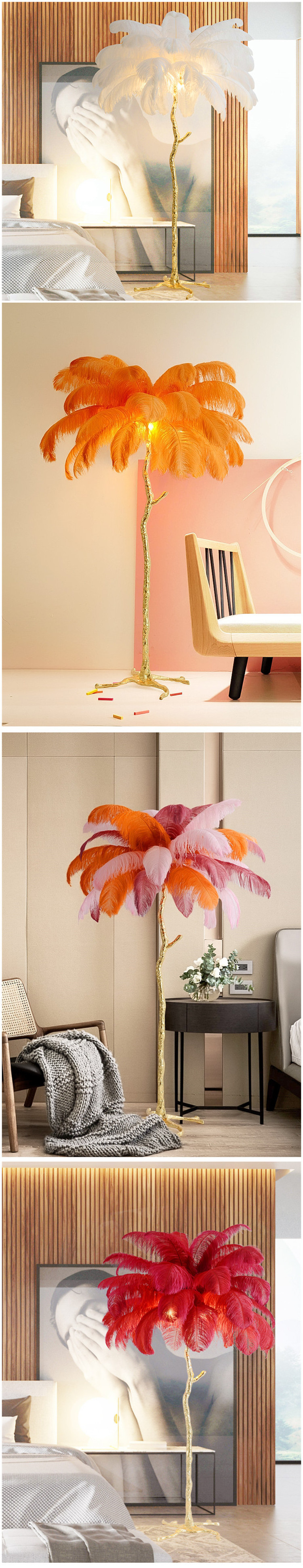 Luxury Home Living Room Decoration Ostrich Feather Tree LED Stand Lamp Indoor Resin Copper LED Floor Light