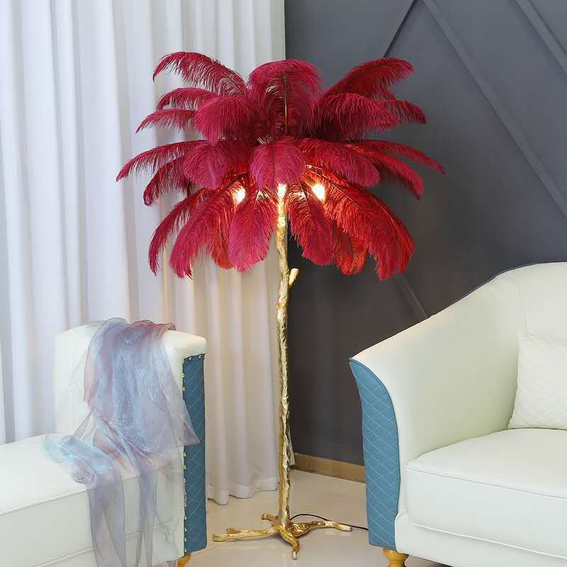 Luxury Home Living Room Decoration Ostrich Feather Tree LED Stand Lamp Indoor Resin Copper LED Floor Light