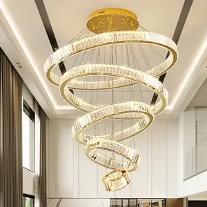 Modern Large Round Circular Ring Circle Pendant Light Staircase Long Stair Luxury Crystal Chandelier