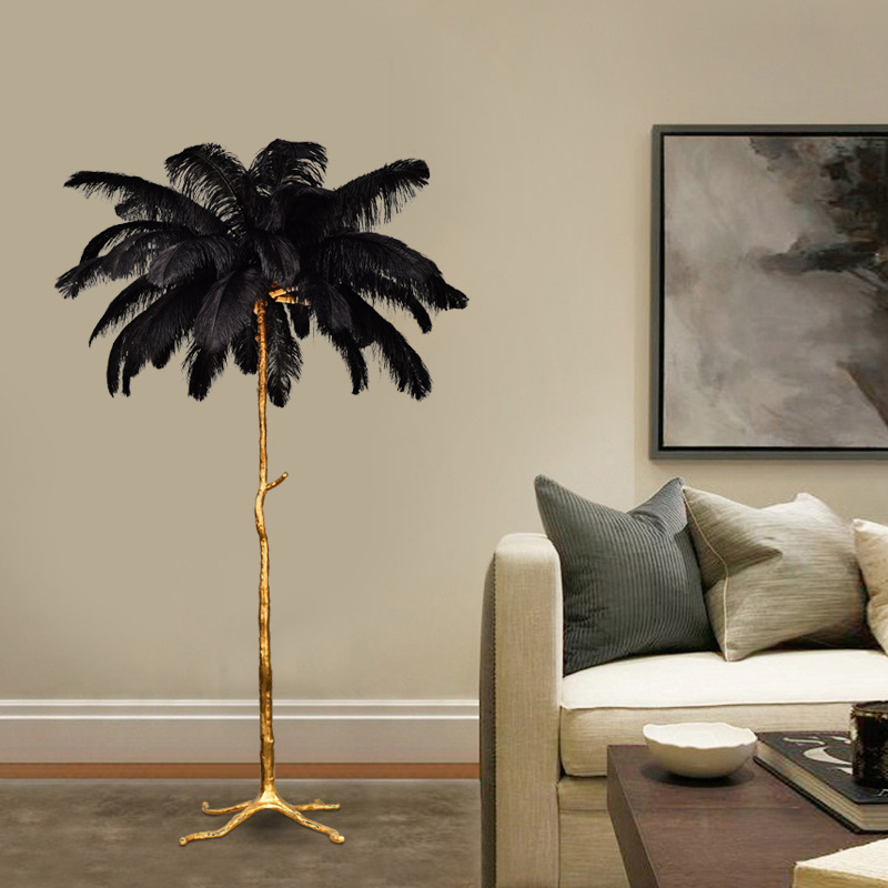 Luxury Home Living Room Decoration Ostrich Feather Tree LED Stand Lamp Indoor Resin Copper LED Floor Light