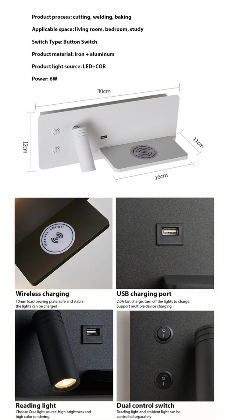 3W Plug in Wireless Charging for Bedroom LED Reading Spotlight with USB Port Bedside Wall Light