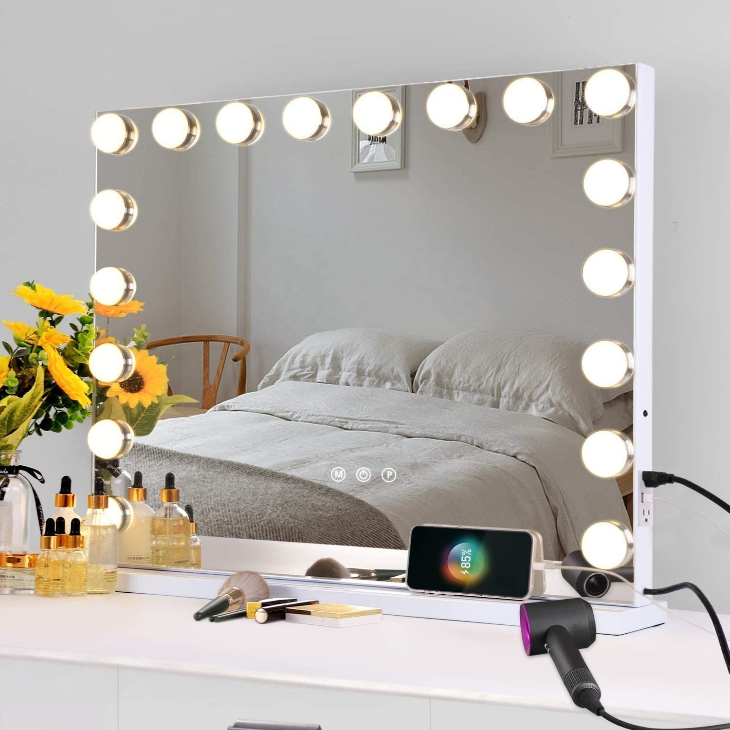 Hollywood Vanity Mirror with Lights and Bluetooth Large Vanity Makeup Mirror 18 Dimming LED Bulbs Lighted Tabletop or Wall Mount