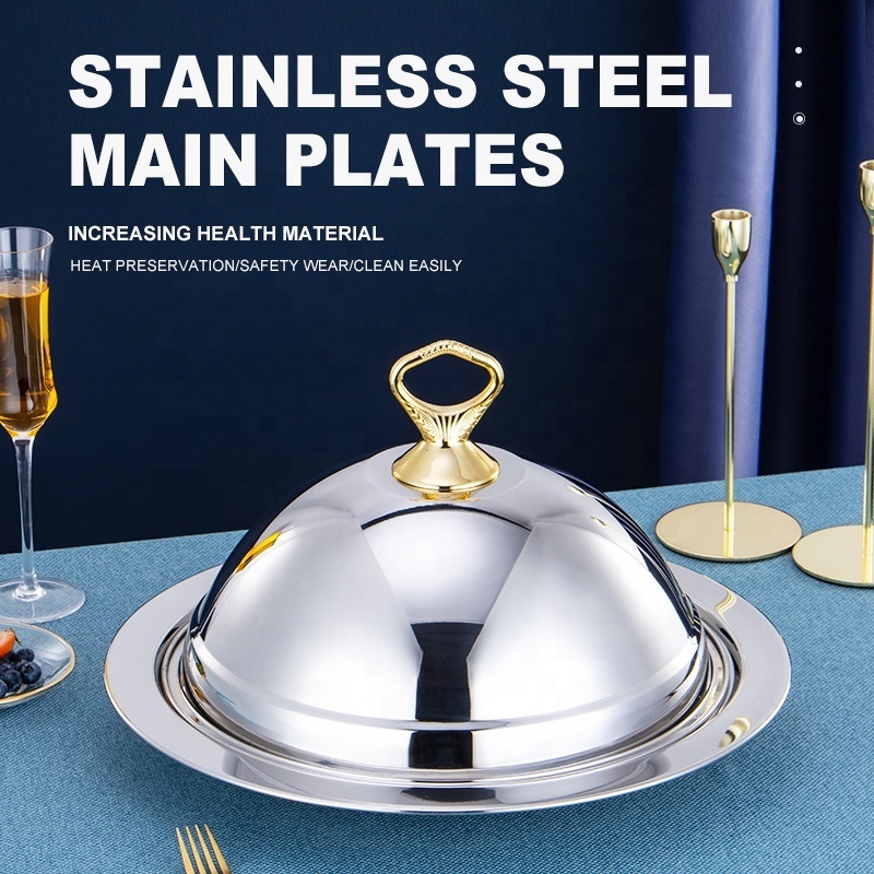 Wholesale luxury  food plate with lid dinner platter with cover stainless steel serving serving tray with dome cover