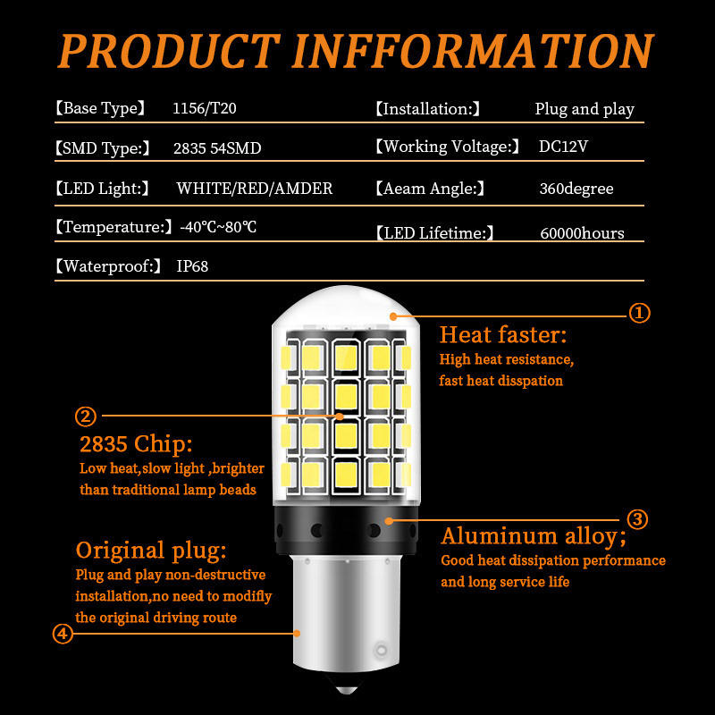 HOLY 12v high quality led car bulb 1156 T20 7440 Car Led 54smd 1157 Double Contact Brake Turn signal light bulb Canbus