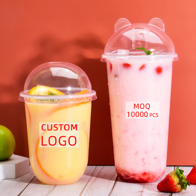 U shaped cup with lid PET PP 12 16 24oz cold juice dessert custom printed clear boba bubble milk tea disposable plastic cup