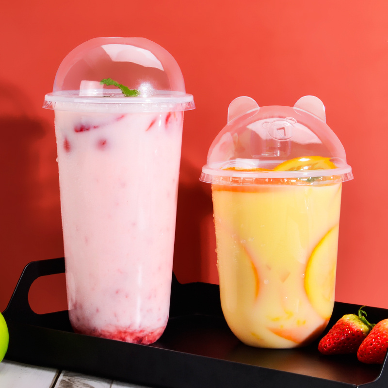 U shaped cup with lid PET PP 12 16 24oz cold juice dessert custom printed clear boba bubble milk tea disposable plastic cup