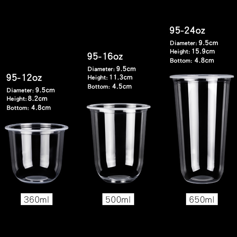 U shaped cup with lid PET PP 12 16 24oz cold juice dessert custom printed clear boba bubble milk tea disposable plastic cup