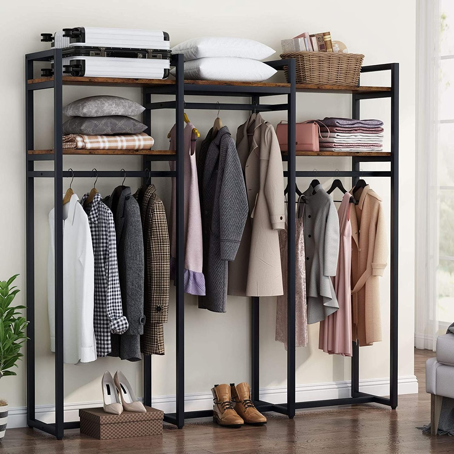 75 inch Clothing Rack with Shelves,Heavy Duty Garment Rack Wardrobe Closet