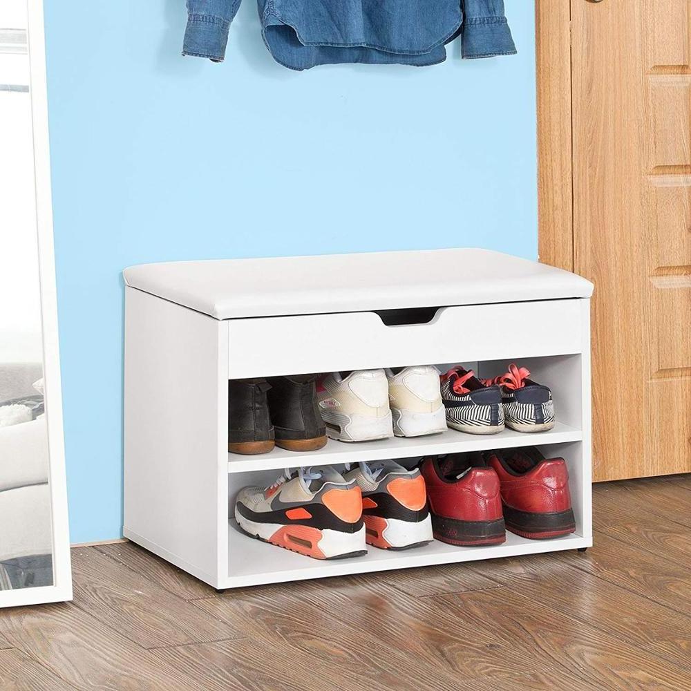 Wooden Shoe Cabinet With 2 Tiers Shoe Rack Shoe Storage Bench with Folding Padded Seat  White