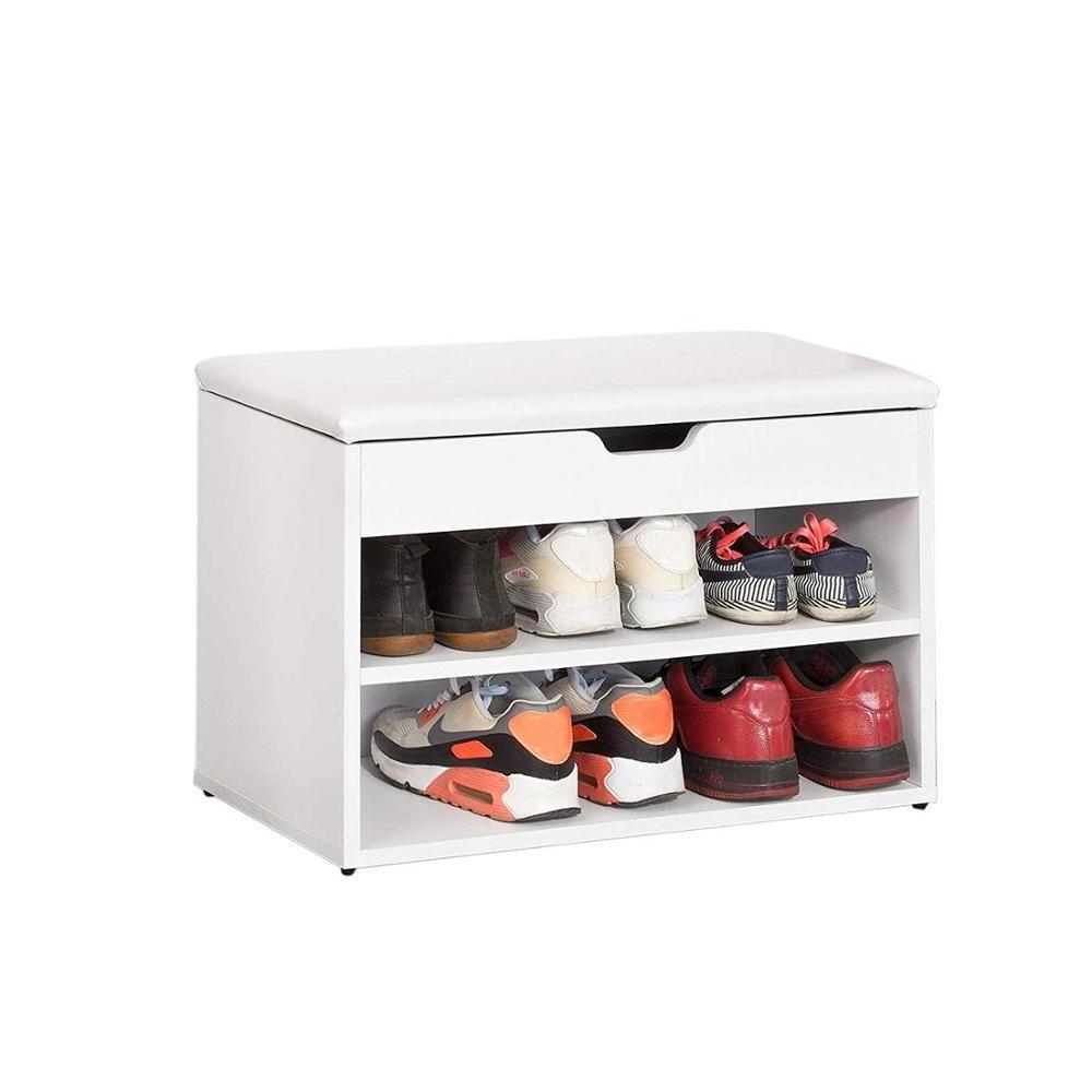 Wooden Shoe Cabinet With 2 Tiers Shoe Rack Shoe Storage Bench with Folding Padded Seat  White