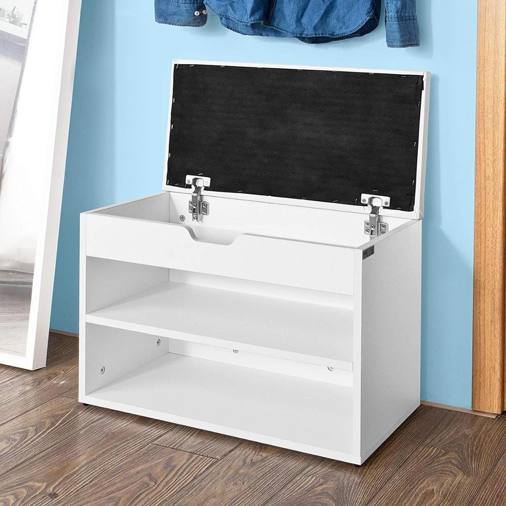 Wooden Shoe Cabinet With 2 Tiers Shoe Rack Shoe Storage Bench with Folding Padded Seat  White