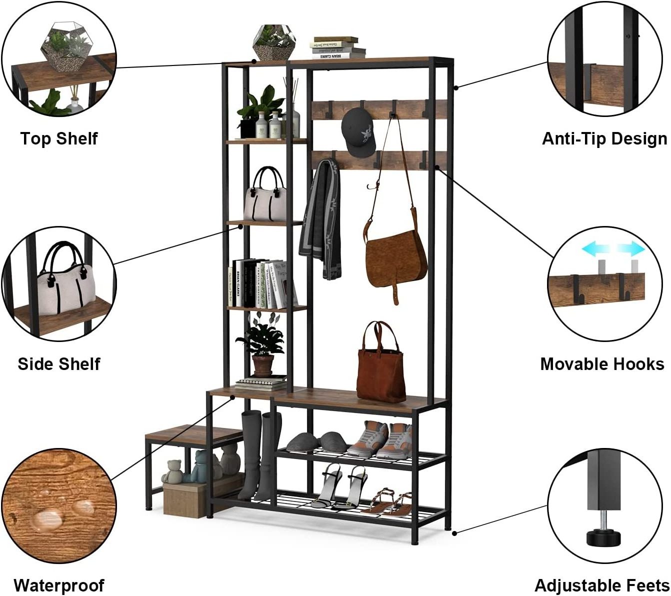 Hall Tree with Shoe Storage Bench Coat Rack Industrial 5-in-1 Entryway Coat Rack for Hallway Mudroom Bedroom