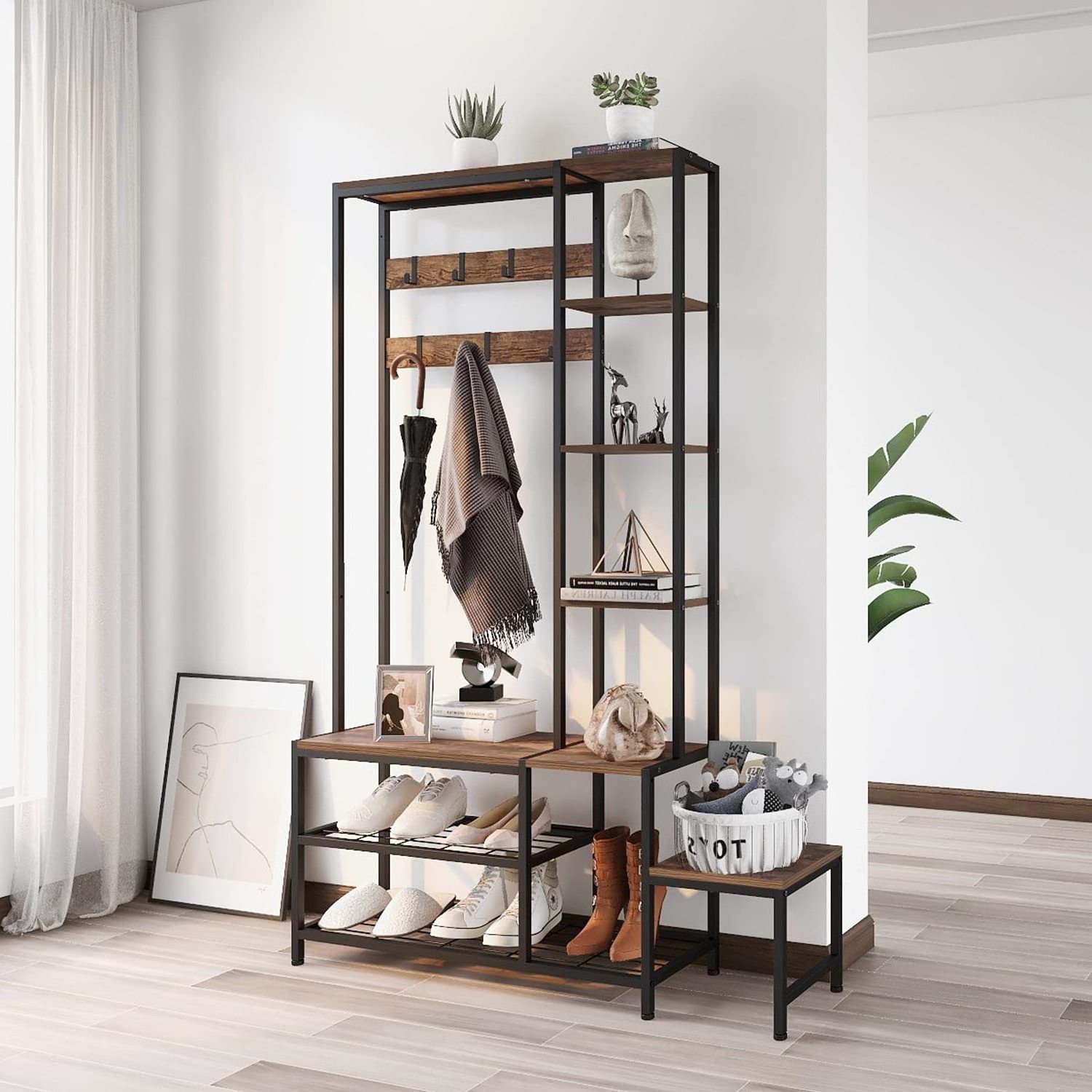 Hall Tree with Shoe Storage Bench Coat Rack Industrial 5-in-1 Entryway Coat Rack for Hallway Mudroom Bedroom