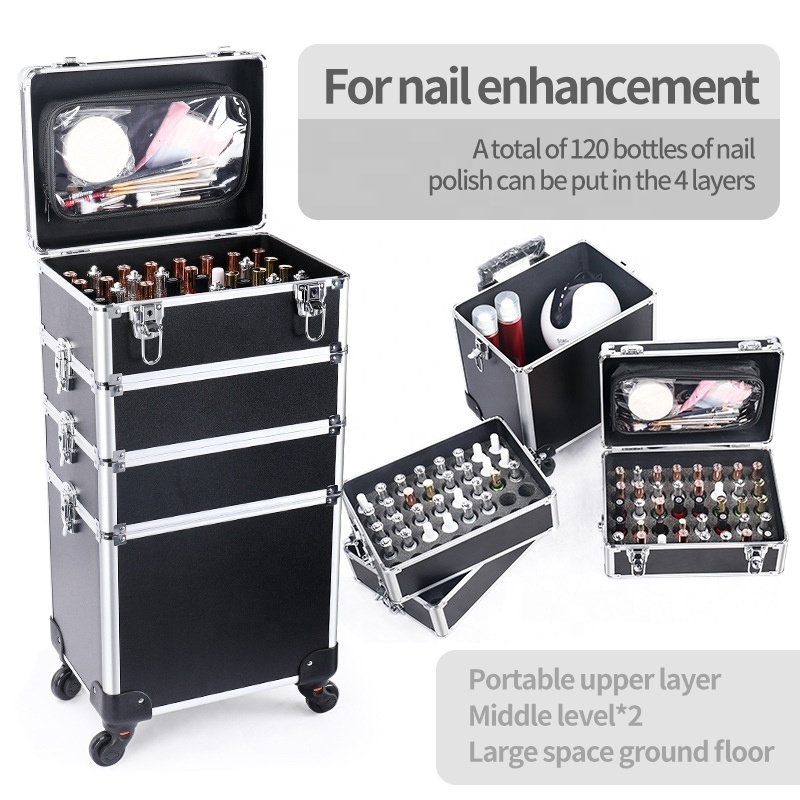 4 in 1 Professional Nail Polish Organizer Large Makeup Train Case Rolling Makeup Trolley Case