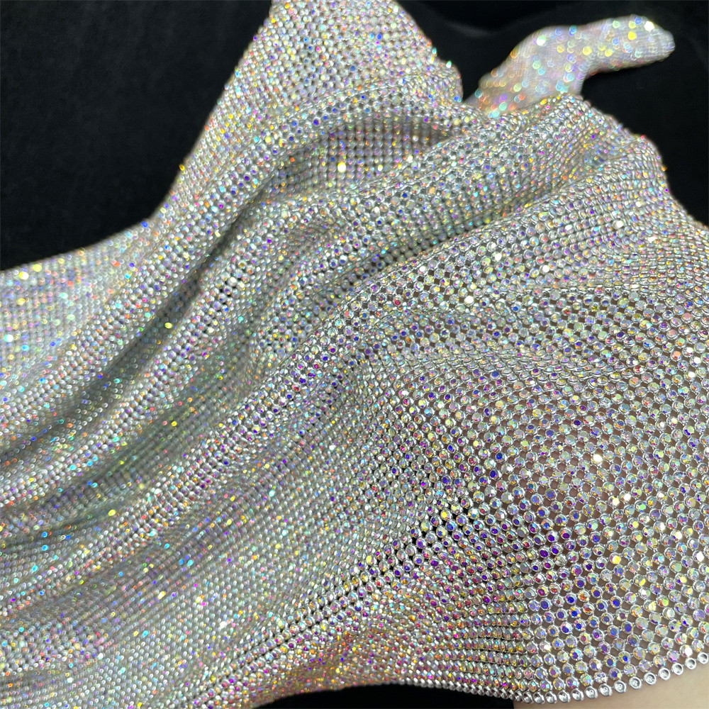 me040 Sparkling 2mm AB color cuttable metal crystal mesh rhinestone mesh fabric without glue