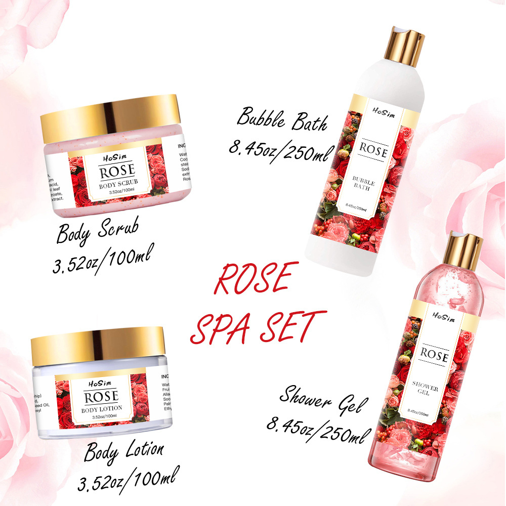 Spa Baskets For Women Gifts Basket 4 Pcs Rose Bath Set Includes Bubble Bath Bath Shower Gel Body Lotion Body Scrub