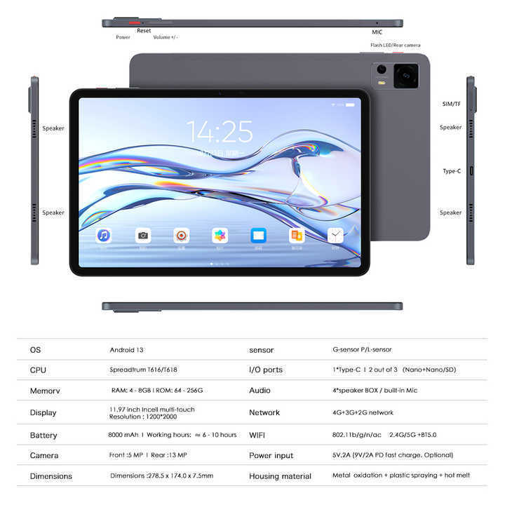 DSHY-K10-A12 4G Lte Android 12.0 Tablet 12 inch Octa Core 6GB RAM 128GB ROM 5MP + 13MP Android Tablet PC