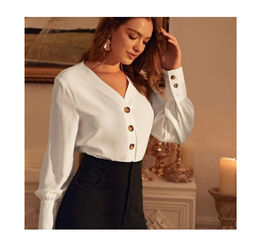 ladies Hot selling HSD women lady Solid white chiffon Bishop long Sleeve Button Front modest Blouse top shirt Office Attire