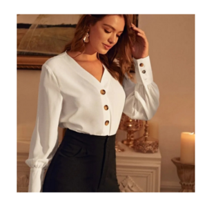 ladies Hot selling HSD women lady Solid white chiffon Bishop long Sleeve Button Front modest Blouse top shirt Office Attire