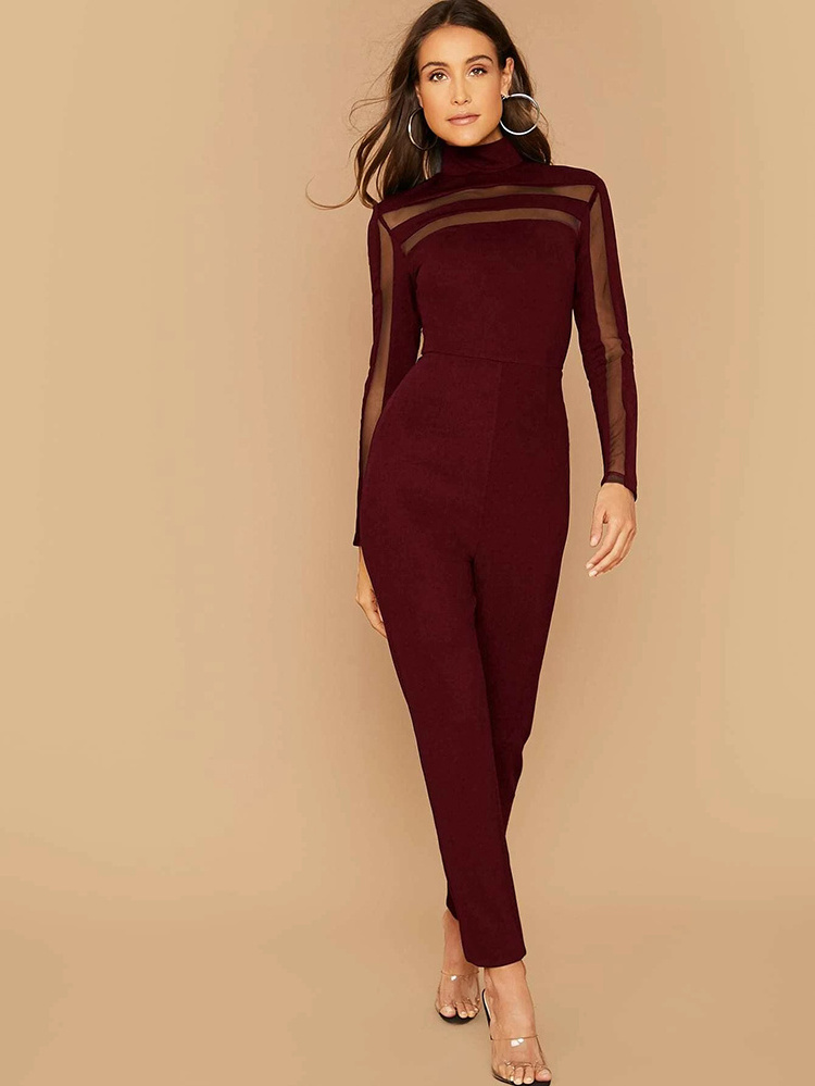 OEM custom plain elegant burgundy plain stand collar long sleeve spring mesh lace jumpsuit for women