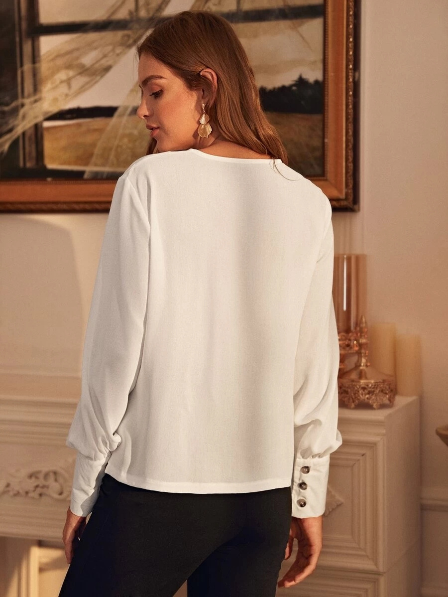 ladies Hot selling HSD women lady Solid white chiffon Bishop long Sleeve Button Front modest Blouse top shirt Office Attire