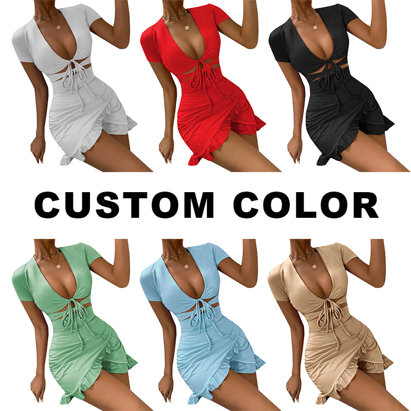 OEM Custom Cut Out Design Casual Breathable y2k Dress Sexy Ruffles Bandage Mini Dresses Women