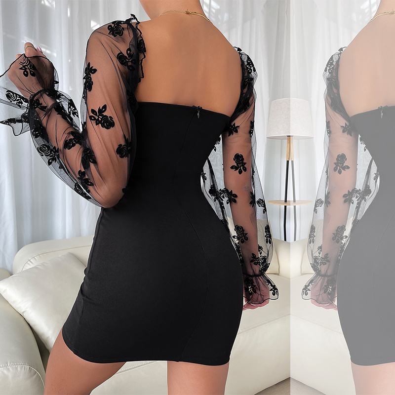 Custom logo oem designer fashion summer evening dresses black long sleeve sexy women open breast casual dresses 2023