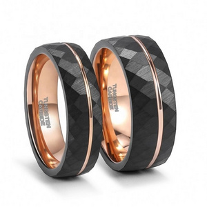 8MM Men Jewelry Black Faceted Finish Wedding Band Stripe Two Tone Plating Groove Surface Tungsten Carbide Steel Ring