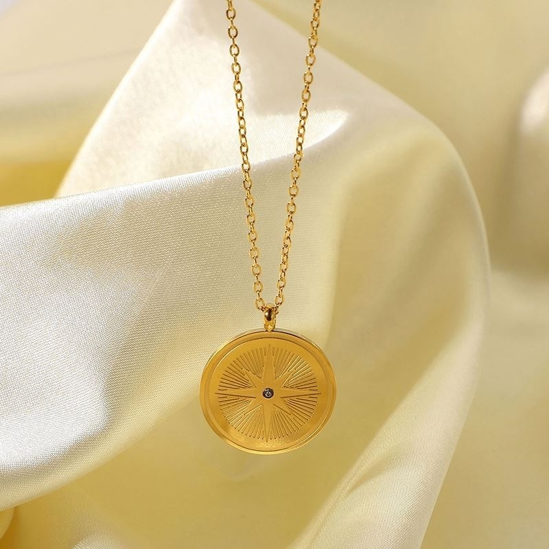 Engrave Compass Octagonal Star Coin 18K Gold Plated Stainless Steel Women Jewelry Chain Zircon Pendant Necklace