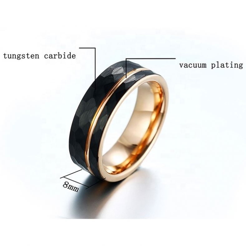 8MM Men Jewelry Black Faceted Finish Wedding Band Stripe Two Tone Plating Groove Surface Tungsten Carbide Steel Ring