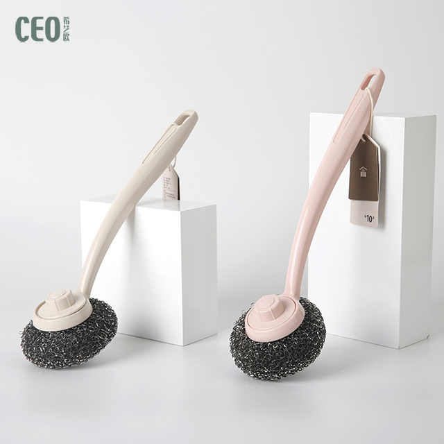 High Quality Dish Cleaning Ball Stainless Steel Scrubber Pot Scourer with Long Plastic Handle