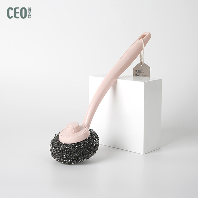 High Quality Dish Cleaning Ball Stainless Steel Scrubber Pot Scourer with Long Plastic Handle