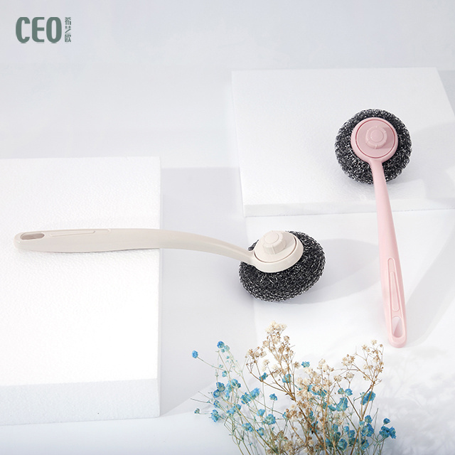 High Quality Dish Cleaning Ball Stainless Steel Scrubber Pot Scourer with Long Plastic Handle