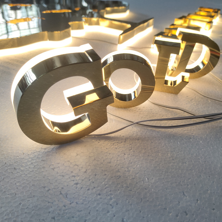 Custom 3d led letter sign light company gold backlit letter business logo sign outdoor factory shop name led sign