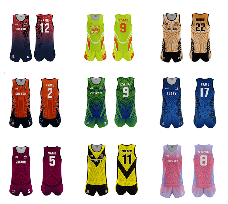 Wholesale Fully Sublimation Polyester blue full rugby uniform set designer rugby shirt touch football singlets