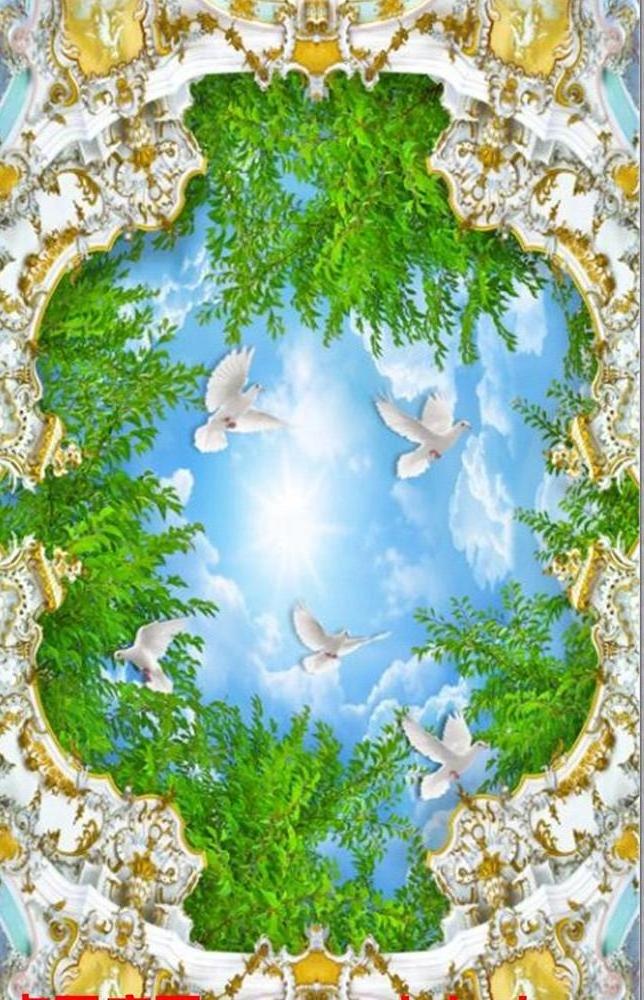 ihouse landscape European architecture blue sky white clouds pigeon ceiling 3D wallpaper murals