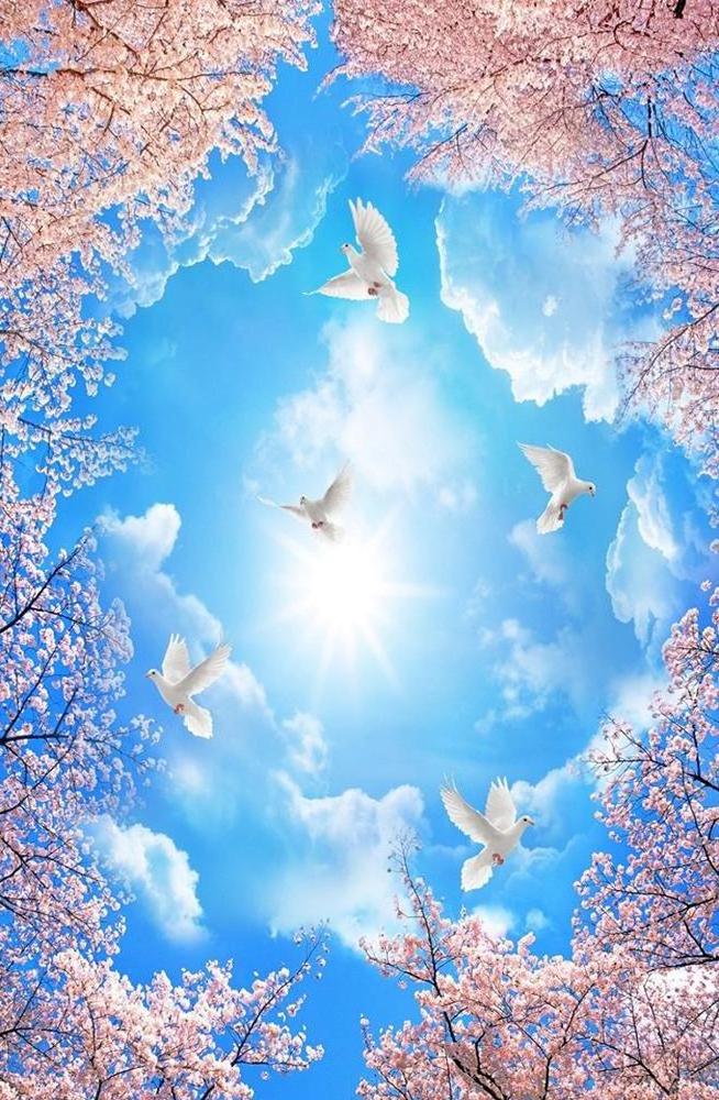 guangzhou ihouse beauty Landscape, blue sky, white dove, cherry blossom, twig ceiling wallpaper murals