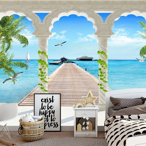 guangzhou ihouse landscape sea view roman column sea blue sky white clouds 3D mural wallpaper