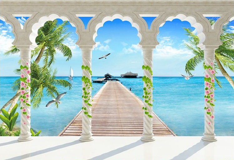 guangzhou ihouse landscape sea view roman column sea blue sky white clouds 3D mural wallpaper