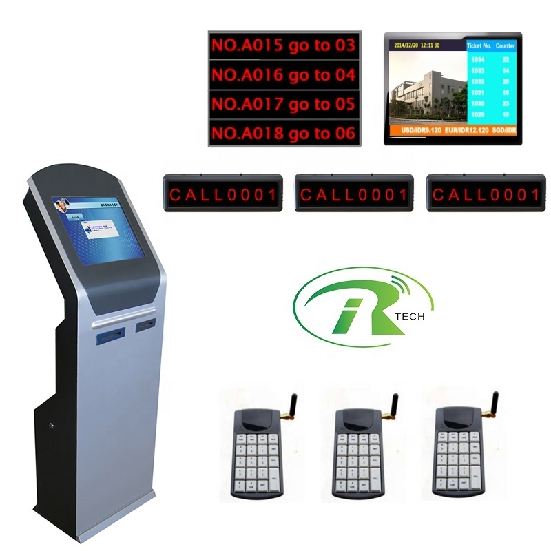 IRTECH touch screen floor standing ticket dispenser QMS Q management bank queue calling system, electronic number display system