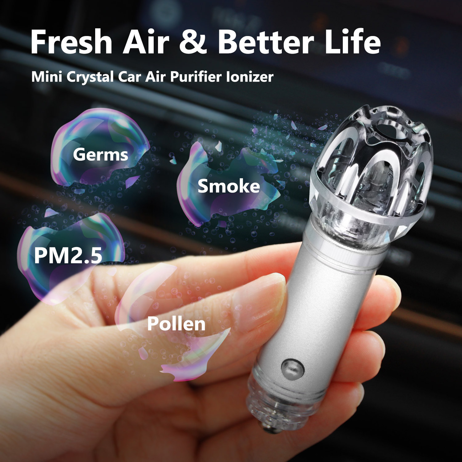 12V Plug in Mini Crystal Car Air Purifier for Auto or RV - Car Air Freshener Remove PM2.5, Cigarette Smoke