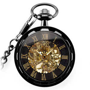 Fashion Hot Sale Mechanical Hand Wind Pocket Watch Men Women Retro Necklace Steampunk Skeleton Roman Number Clock Watches