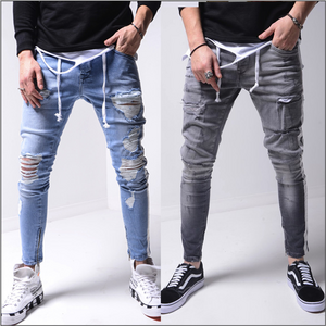 2024 Hot Sale Men Fashion Europea High Wist Men's Patch Jeans Tapered Wrinkle Denim Pants